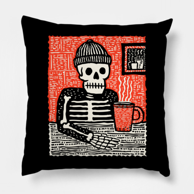 Skeleton Coffee Break – Existential Morning Ritual Linocut Pillow by TuncGK