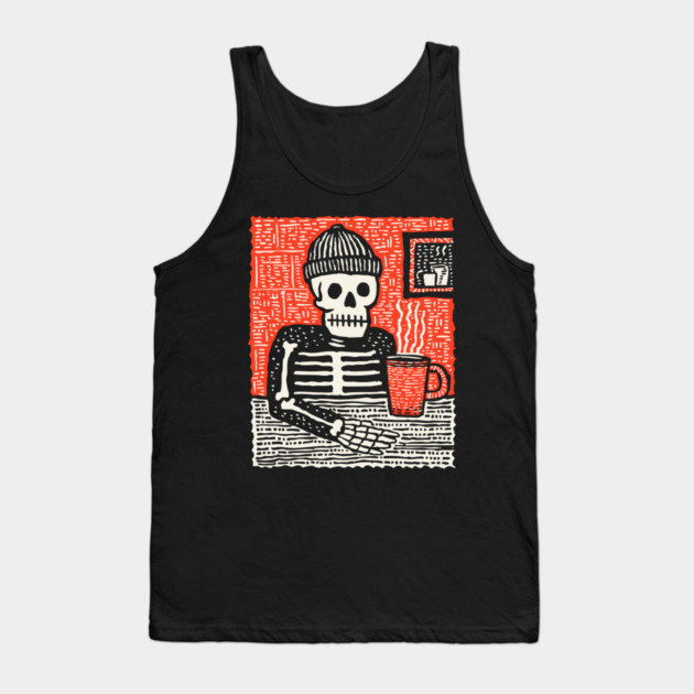 Skeleton Coffee Break – Existential Morning Ritual Linocut Tank Top by TuncGK