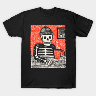 Skeleton Coffee Break – Existential Morning Ritual Linocut T-Shirt