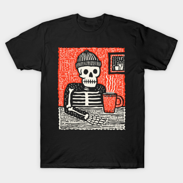 Skeleton Coffee Break – Existential Morning Ritual Linocut T-Shirt by TuncGK