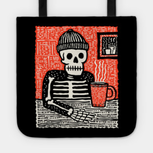 Skeleton Coffee Break – Existential Morning Ritual Linocut Tote