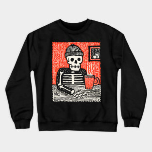 Skeleton Coffee Break – Existential Morning Ritual Linocut Crewneck Sweatshirt