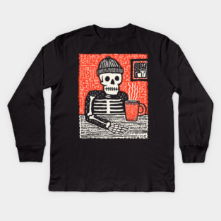 Skeleton Coffee Break – Existential Morning Ritual Linocut Kids Long Sleeve T-Shirt