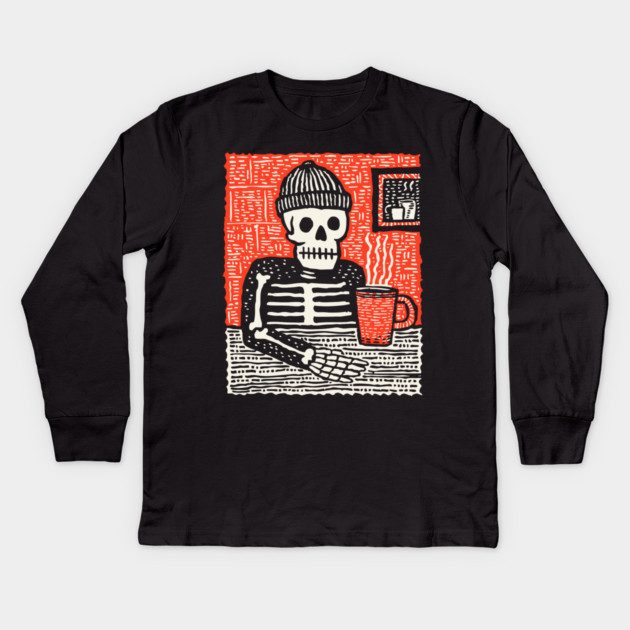Skeleton Coffee Break – Existential Morning Ritual Linocut Kids Long Sleeve T-Shirt by TuncGK
