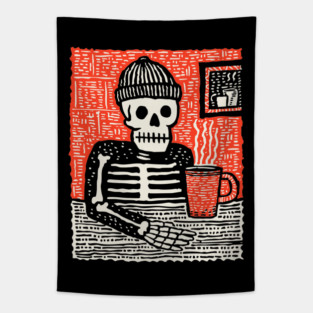 Skeleton Coffee Break – Existential Morning Ritual Linocut Tapestry