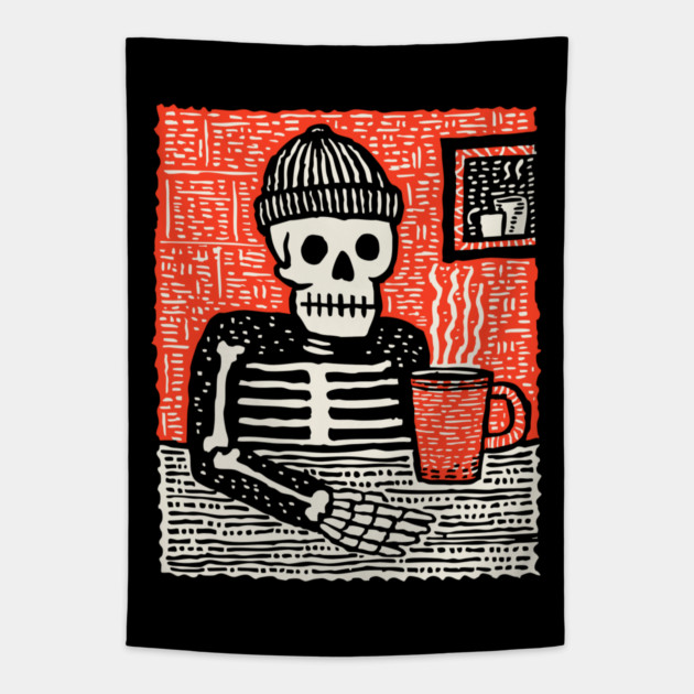 Skeleton Coffee Break – Existential Morning Ritual Linocut Tapestry by TuncGK