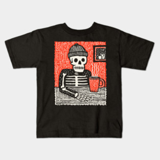 Skeleton Coffee Break – Existential Morning Ritual Linocut Kids T-Shirt