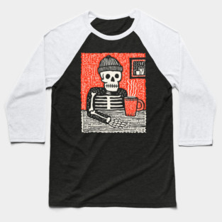 Skeleton Coffee Break – Existential Morning Ritual Linocut Baseball T-Shirt