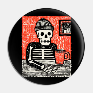 Skeleton Coffee Break – Existential Morning Ritual Linocut Pin