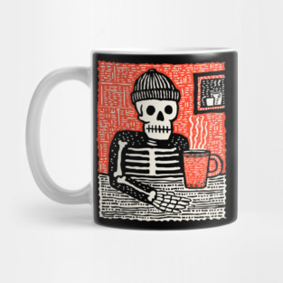 Skeleton Coffee Break – Existential Morning Ritual Linocut Mug