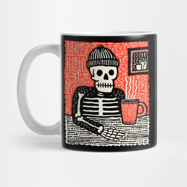 Skeleton Coffee Break – Existential Morning Ritual Linocut by TuncGK