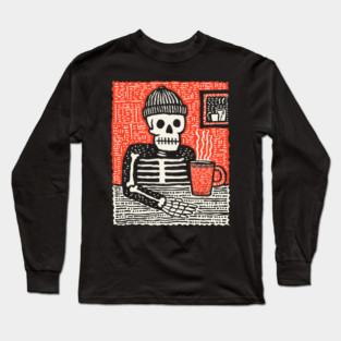 Skeleton Coffee Break – Existential Morning Ritual Linocut Long Sleeve T-Shirt