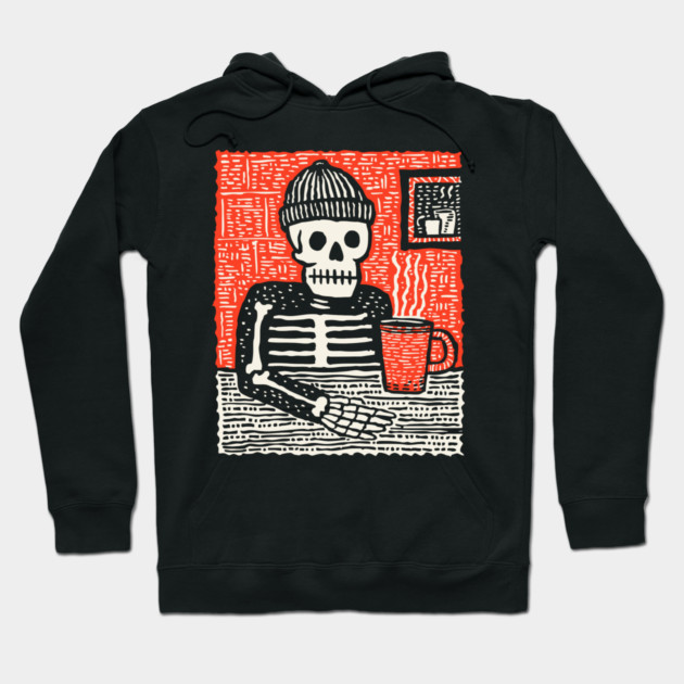 Skeleton Coffee Break – Existential Morning Ritual Linocut Hoodie by TuncGK