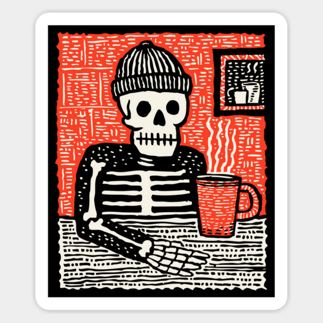 Skeleton Coffee Break – Existential Morning Ritual Linocut Magnet by TuncGK