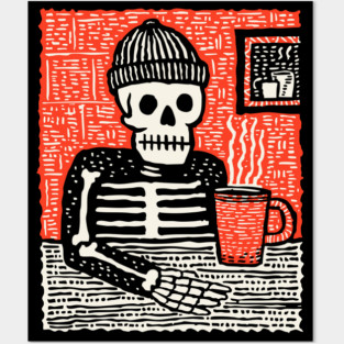 Skeleton Coffee Break – Existential Morning Ritual Linocut Posters and Art
