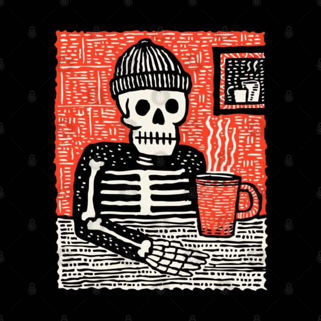 Skeleton Coffee Break – Existential Morning Ritual Linocut by TuncGK