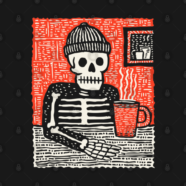 Skeleton Coffee Break – Existential Morning Ritual Linocut by TuncGK
