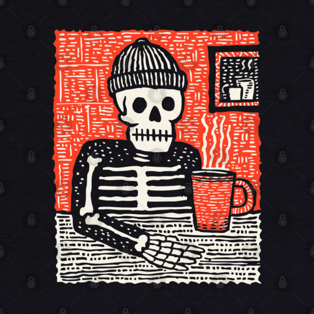 Skeleton Coffee Break – Existential Morning Ritual Linocut by TuncGK