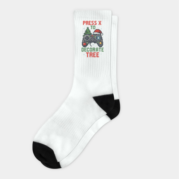"Press X to Decorate Tree – Funny Gamer Christmas Pixel T-Shirt" Socks by Anne Lee