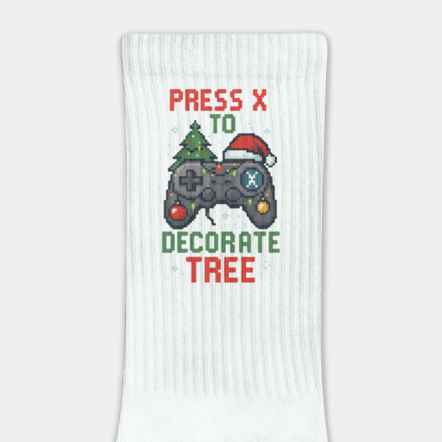 "Press X to Decorate Tree – Funny Gamer Christmas Pixel T-Shirt" by Anne Lee