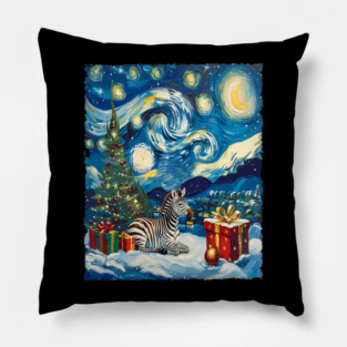 Zebra Christmas Night Starry Sky Holiday Scene With Gifts And Tree Retro Style Pillow