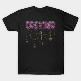 Dreamer – Surreal Typography with Celestial Charms in Violet and Gold T-Shirt