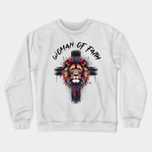 Woman of Faith Shirt | Colorful Lion Face Christian Cross Tee | Religious Graphic T-Shirt for Women Crewneck Sweatshirt