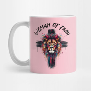 Woman of Faith Shirt | Colorful Lion Face Christian Cross Tee | Religious Graphic T-Shirt for Women Mug