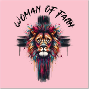 Woman of Faith Shirt | Colorful Lion Face Christian Cross Tee | Religious Graphic T-Shirt for Women Posters and Art