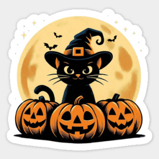 Halloween black cat wearing a witch hat surrounded by smiling pumpkins Sticker