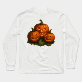 Haunted Pumpkin Trio – Spooky Halloween Scene Artwork Long Sleeve T-Shirt