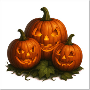 Haunted Pumpkin Trio – Spooky Halloween Scene Artwork Posters and Art