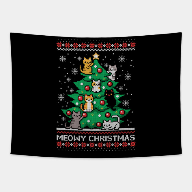Meowy Christmas ugly Christmas sweater Tapestry by NemiMakeit