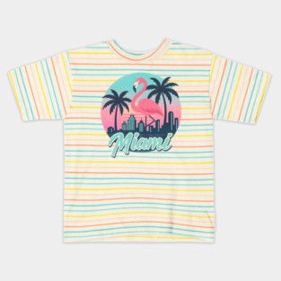 Retro Miami Flamingo Design with Neon Skyline and Palm Trees in Sunset Colors Kids T-Shirt