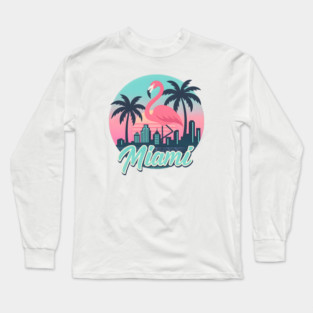 Retro Miami Flamingo Design with Neon Skyline and Palm Trees in Sunset Colors Long Sleeve T-Shirt