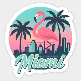 Retro Miami Flamingo Design with Neon Skyline and Palm Trees in Sunset Colors Sticker