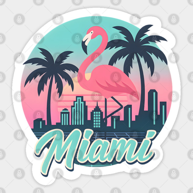 Retro Miami Flamingo Design with Neon Skyline and Palm Trees in Sunset Colors Sticker by WarFX Designs