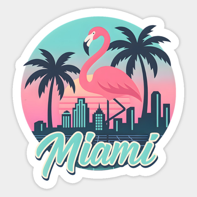 Retro Miami Flamingo Design with Neon Skyline and Palm Trees in Sunset Colors Magnet by WarFX Designs