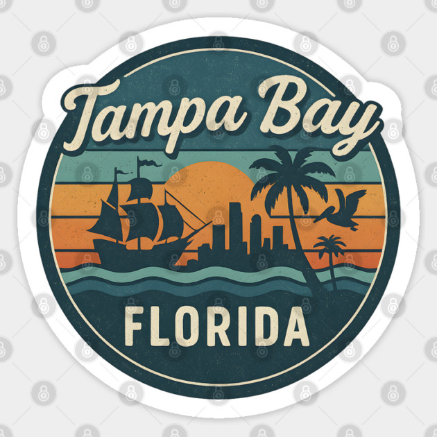 Vintage Tampa Bay Florida Sunset Design with Pirate Ship and Palm Tree Skyline Sticker by WarFX Designs