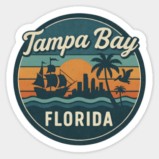 Vintage Tampa Bay Florida Sunset Design with Pirate Ship and Palm Tree Skyline Magnet