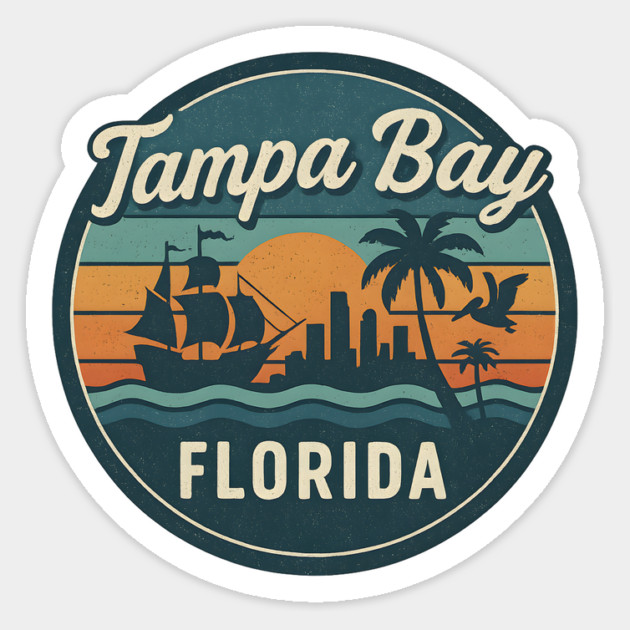 Vintage Tampa Bay Florida Sunset Design with Pirate Ship and Palm Tree Skyline Magnet by WarFX Designs