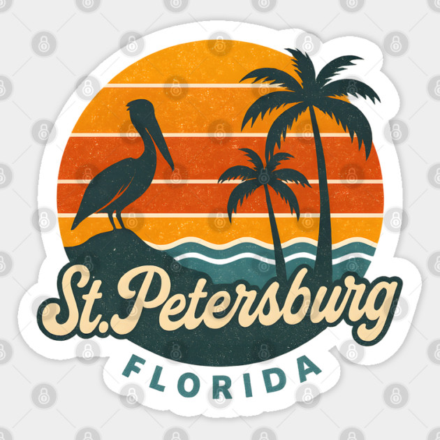 Vintage St Petersburg Florida Design with Palm Trees Pelican and Sunset Beach Vibes Sticker by WarFX Designs