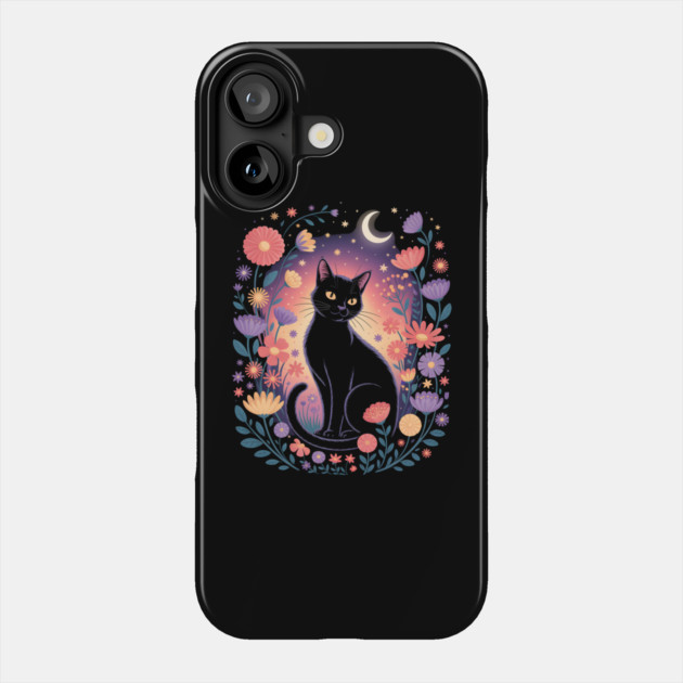 Mystical Black Cat & Moon Floral Phone Case by norhando