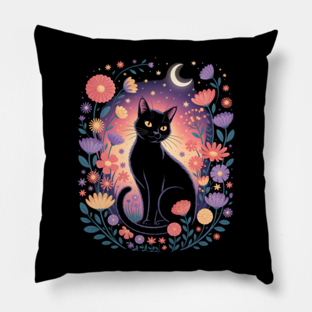 Mystical Black Cat & Moon Floral Pillow by norhando