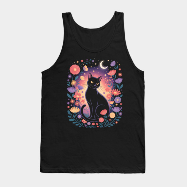 Mystical Black Cat & Moon Floral Tank Top by norhando