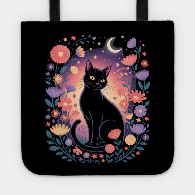 Mystical Black Cat & Moon Floral Tote by norhando