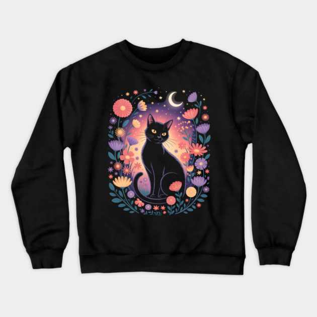 Mystical Black Cat & Moon Floral Crewneck Sweatshirt by norhando
