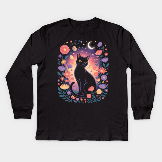 Mystical Black Cat & Moon Floral Kids Long Sleeve T-Shirt by norhando