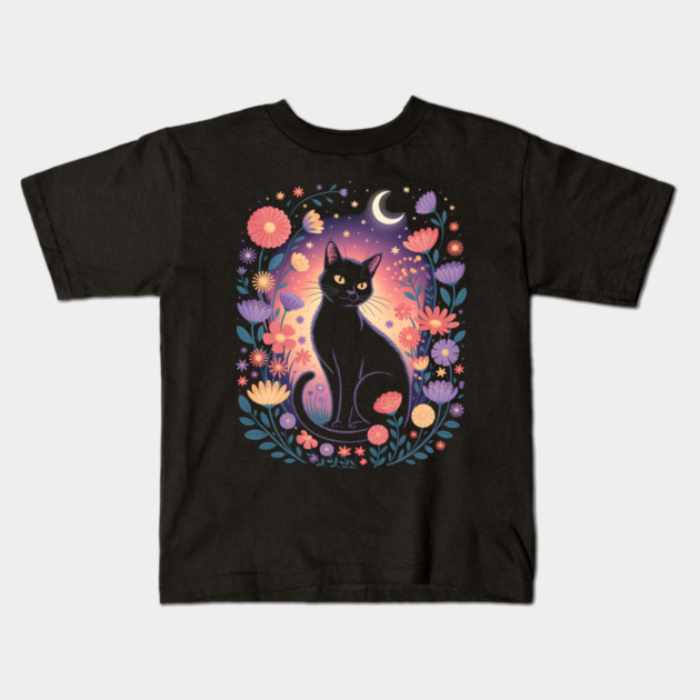 Mystical Black Cat & Moon Floral Kids T-Shirt by norhando