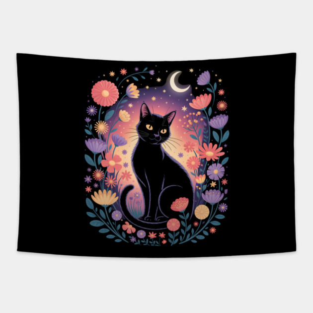 Mystical Black Cat & Moon Floral Tapestry by norhando